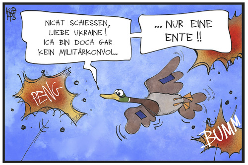 Cartoon: Ente im Ukraine-Konflikt (medium) by Kostas Koufogiorgos tagged karikatur,koufogiorgos,illustration,cartoon,ukraine,konflikt,ente,falschmeldung,militärkonvoi,russland,angriff,beschuss,karikatur,koufogiorgos,illustration,cartoon,ukraine,konflikt,ente,falschmeldung,militärkonvoi,russland,angriff,beschuss