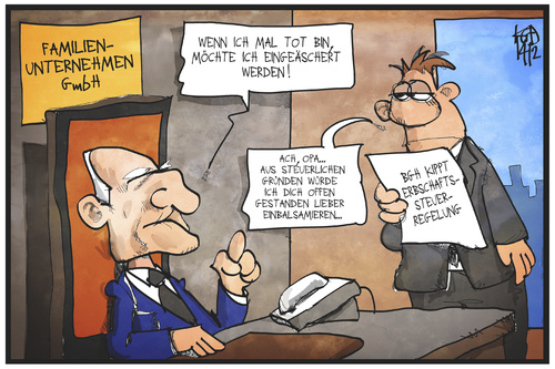 Cartoon: Erbschaftssteuer (medium) by Kostas Koufogiorgos tagged karikatur,koufogiorgos,illustration,cartoon,erbschaftssteuer,familienunternehmen,tod,erbe,konservierung,wirtschaft,geld,karikatur,koufogiorgos,illustration,cartoon,erbschaftssteuer,familienunternehmen,tod,erbe,konservierung,wirtschaft,geld