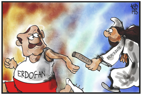 Cartoon: Erdogan und die Demokratie (medium) by Kostas Koufogiorgos tagged karikatur,koufogiorgos,illustration,cartoon,erdogan,demokratie,türkei,wahl,staffel,staffellauf,stab,übergabe,politik,präsident,macht,karikatur,koufogiorgos,illustration,cartoon,erdogan,demokratie,türkei,wahl,staffel,staffellauf,stab,übergabe,politik,präsident,macht