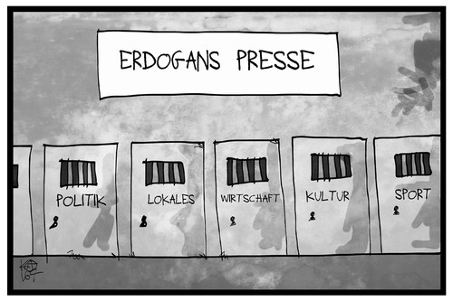 Cartoon: Erdogans Presse (medium) by Kostas Koufogiorgos tagged karikatur,koufogiorgos,illustration,cartoon,erdogan,tuerkei,journalisten,haft,ermittlung,justiz,gefängnis,putschversuch,zensur,presse,karikatur,koufogiorgos,illustration,cartoon,erdogan,tuerkei,journalisten,haft,ermittlung,justiz,gefängnis,putschversuch,zensur,presse