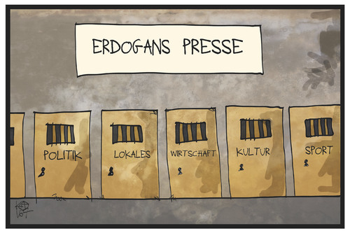 Cartoon: Erdogans Presse (medium) by Kostas Koufogiorgos tagged karikatur,koufogiorgos,illustration,cartoon,erdogan,tuerkei,journalisten,haft,ermittlung,justiz,gefängnis,putschversuch,zensur,presse,karikatur,koufogiorgos,illustration,cartoon,erdogan,tuerkei,journalisten,haft,ermittlung,justiz,gefängnis,putschversuch,zensur,presse