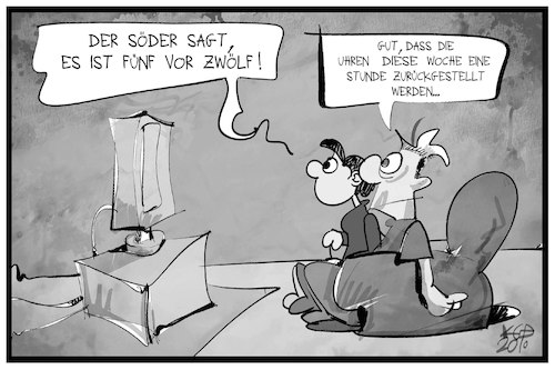 Cartoon: Es ist fünf vor Zwölf (medium) by Kostas Koufogiorgos tagged karikatur,koufogiorgos,illustration,cartoon,corona,söder,uhr,zeit,zeitumstellung,winterzeit,karikatur,koufogiorgos,illustration,cartoon,corona,söder,uhr,zeit,zeitumstellung,winterzeit