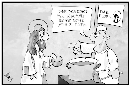 Cartoon: Essener Tafel (medium) by Kostas Koufogiorgos tagged karikatur,koufogiorgos,illustration,cartoon,essen,tafel,beduerftig,jesus,christus,armut,integration,rassismus,naechstenliebe,christentum,gebot,deutsch,auslaender,karikatur,koufogiorgos,illustration,cartoon,essen,tafel,beduerftig,jesus,christus,armut,integration,rassismus,naechstenliebe,christentum,gebot,deutsch,auslaender