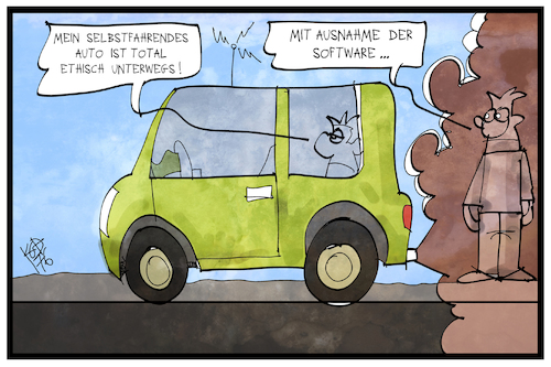 Cartoon: Ethische Autos (medium) by Kostas Koufogiorgos tagged karikatur,koufogiorgos,illustration,cartoon,ethik,auto,software,abgas,skandal,selbstfahrend,dieselgate,wirtschaft,autonom,karikatur,koufogiorgos,illustration,cartoon,ethik,auto,software,abgas,skandal,selbstfahrend,dieselgate,wirtschaft,autonom