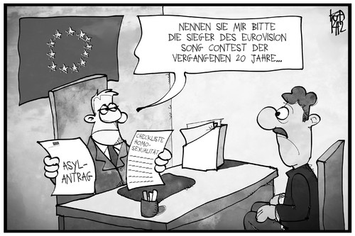 Cartoon: EU-Asylpolitik (medium) by Kostas Koufogiorgos tagged karikatur,koufogiorgos,illustration,cartoon,asyl,eu,europa,asylbewerber,homosexualität,esc,eurovision,song,contest,antragsteller,checkliste,fragen,flüchtling,politik,karikatur,koufogiorgos,illustration,cartoon,asyl,eu,europa,asylbewerber,homosexualität,esc,eurovision,song,contest,antragsteller,checkliste,fragen,flüchtling,politik