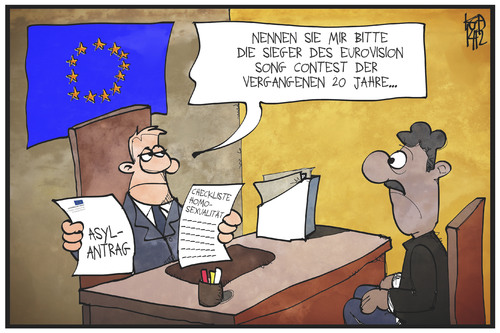 Cartoon: EU-Asylpolitik (medium) by Kostas Koufogiorgos tagged karikatur,koufogiorgos,illustration,cartoon,asyl,eu,europa,asylbewerber,homosexualität,esc,eurovision,song,contest,antragsteller,checkliste,fragen,flüchtling,politik,karikatur,koufogiorgos,illustration,cartoon,asyl,eu,europa,asylbewerber,homosexualität,esc,eurovision,song,contest,antragsteller,checkliste,fragen,flüchtling,politik