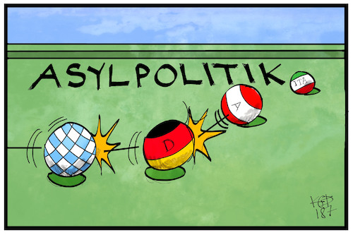 Cartoon: EU-Asylpolitik (medium) by Kostas Koufogiorgos tagged karikatur,koufogiorgos,illustration,cartoon,asylstreit,billard,kettenreaktion,kugeln,cdu,csu,spd,österreich,ungarn,karikatur,koufogiorgos,illustration,cartoon,asylstreit,billard,kettenreaktion,kugeln,cdu,csu,spd,österreich,ungarn