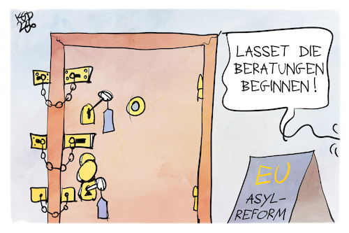 Cartoon: EU-Asylreform (medium) by Kostas Koufogiorgos tagged karikatur,koufogiorgos,eu,asylreform,migration,schloss,tür,beratung,europa,karikatur,koufogiorgos,eu,asylreform,migration,schloss,tür,beratung,europa