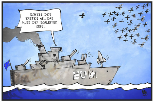 Cartoon: EU-Flüchtlingspolitik (medium) by Kostas Koufogiorgos tagged karikatur,koufogiorgos,illustration,cartoon,eu,flüchtlingspolitik,meer,schiff,patrouille,europa,mittelmeer,vogel,abschießen,schütze,waffe,militär,asylpolitik,karikatur,koufogiorgos,illustration,cartoon,eu,flüchtlingspolitik,meer,schiff,patrouille,europa,mittelmeer,vogel,abschießen,schütze,waffe,militär,asylpolitik