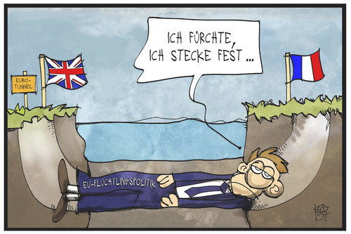 Cartoon: EU-Flüchtlingspolitik (medium) by Kostas Koufogiorgos tagged karikatur,koufogiorgos,illustration,cartoon,eu,europa,asylpolitik,flüchtlinge,eurotunnel,frankreich,grossbritannien,folkestone,calais,ärmelkanal,klemme,karikatur,koufogiorgos,illustration,cartoon,eu,europa,asylpolitik,flüchtlinge,eurotunnel,frankreich,grossbritannien,folkestone,calais,ärmelkanal,klemme