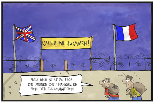 Cartoon: EU-Flüchtlingspolitik (medium) by Kostas Koufogiorgos tagged karikatur,koufogiorgos,illustration,cartoon,europa,eu,hilfe,geld,flüchtlingspolitik,eurotunnel,großbritannien,frankreich,willkommen,politik,einwanderung,asyl,karikatur,koufogiorgos,illustration,cartoon,europa,eu,hilfe,geld,flüchtlingspolitik,eurotunnel,großbritannien,frankreich,willkommen,politik,einwanderung,asyl