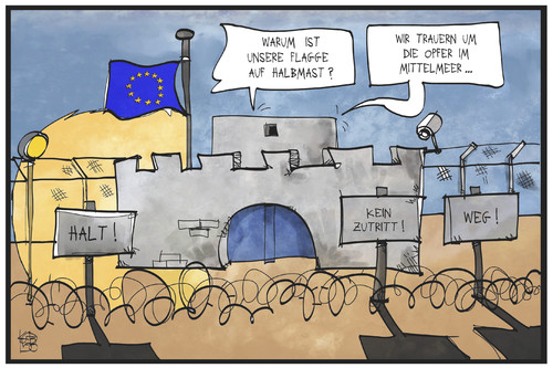 Cartoon: EU-Flüchtlingspolitik (medium) by Kostas Koufogiorgos tagged karikatur,koufogiorgos,illustration,cartoon,eu,europa,flüchtlingspolitik,asyl,festung,abschotten,flagge,halbmast,trauer,politik,karikatur,koufogiorgos,illustration,cartoon,eu,europa,flüchtlingspolitik,asyl,festung,abschotten,flagge,halbmast,trauer,politik