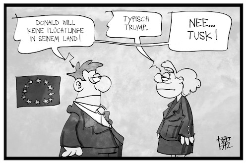 Cartoon: EU-Flüchtlingspolitik (medium) by Kostas Koufogiorgos tagged karikatur,koufogiorgos,illustration,cartoon,eu,quote,flüchtlinge,flüchtlingspolitik,donald,tusk,trump,asylpolitik,karikatur,koufogiorgos,illustration,cartoon,eu,quote,flüchtlinge,flüchtlingspolitik,donald,tusk,trump,asylpolitik