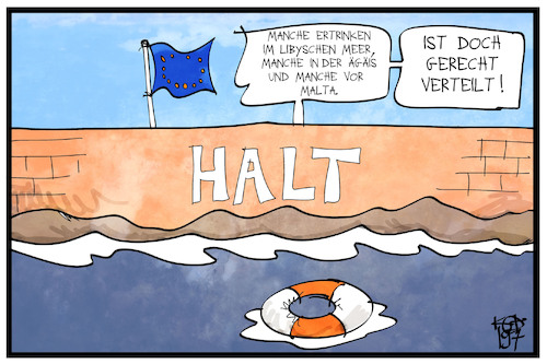 Cartoon: EU-Flüchtlingspolitik (medium) by Kostas Koufogiorgos tagged karikatur,koufogiorgos,illustration,cartoon,eu,europa,fluechtlingspolitik,ertrinken,mittelmeer,seenotrettung,asyl,mauer,festung,gerechtigkeit,verteilung,karikatur,koufogiorgos,illustration,cartoon,eu,europa,fluechtlingspolitik,ertrinken,mittelmeer,seenotrettung,asyl,mauer,festung,gerechtigkeit,verteilung