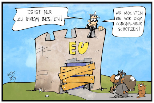 Cartoon: EU-Flüchtlingspolitik (medium) by Kostas Koufogiorgos tagged karikatur,koufogiorgos,illustration,cartoon,eu,europa,burg,abschottung,flüchtlingspolitik,corona,virus,grenze,krankheit,asyl,karikatur,koufogiorgos,illustration,cartoon,eu,europa,burg,abschottung,flüchtlingspolitik,corona,virus,grenze,krankheit,asyl