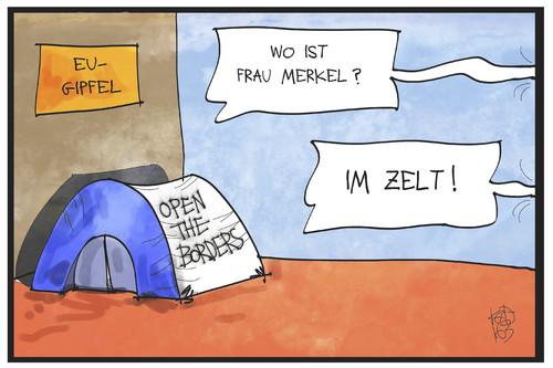 Cartoon: EU-Gipfel (medium) by Kostas Koufogiorgos tagged karikatur,koufogiorgos,illustration,cartoon,balkanroute,zelt,merkel,grenze,schließung,grenzöffnung,gipfel,eu,europa,protest,camp,flüchtlingskrise,flüchtlingspolitik,karikatur,koufogiorgos,illustration,cartoon,balkanroute,zelt,merkel,grenze,schließung,grenzöffnung,gipfel,eu,europa,protest,camp,flüchtlingskrise,flüchtlingspolitik