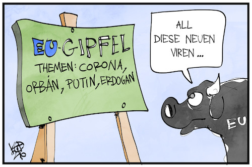 Cartoon: EU-Gipfel (medium) by Kostas Koufogiorgos tagged karikatur,koufogiorgos,illustration,cartoon,virus,eu,gipfel,stier,corona,putin,erdogan,orban,karikatur,koufogiorgos,illustration,cartoon,virus,eu,gipfel,stier,corona,putin,erdogan,orban