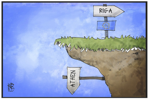 Cartoon: EU-Gipfel Riga (medium) by Kostas Koufogiorgos tagged karikatur,koufogiorgos,illustration,cartoon,riga,eu,gipfel,athen,griechenland,weg,wegweiser,richtung,aussichten,klippe,absturz,abgrund,europa,politik,karikatur,koufogiorgos,illustration,cartoon,riga,eu,gipfel,athen,griechenland,weg,wegweiser,richtung,aussichten,klippe,absturz,abgrund,europa,politik