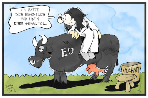 Cartoon: EU-Haushalt (medium) by Kostas Koufogiorgos tagged karikatur,koufogiorgos,illustration,cartoon,eu,haushalt,europa,stier,melkkuh,geld,budget,karikatur,koufogiorgos,illustration,cartoon,eu,haushalt,europa,stier,melkkuh,geld,budget