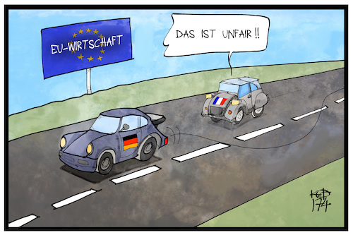 Cartoon: EU-Wirtschaft (medium) by Kostas Koufogiorgos tagged karikatur,koufogiorgos,illustration,cartoon,eu,europa,frankreich,deutschland,auto,porsche,ente,citroen,911,überholen,wirtschaft,exportüberschuss,wettbewerb,karikatur,koufogiorgos,illustration,cartoon,eu,europa,frankreich,deutschland,auto,porsche,ente,citroen,911,überholen,wirtschaft,exportüberschuss,wettbewerb