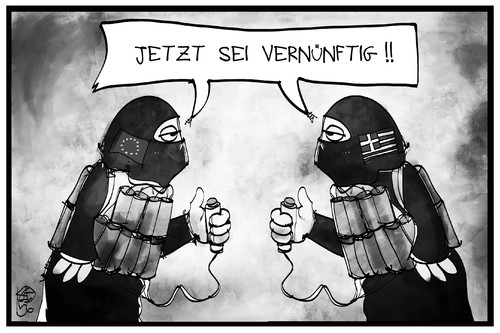 Cartoon: EU vs. Griechenland (medium) by Kostas Koufogiorgos tagged karikatur,koufogiorgos,illustration,cartoon,griechenland,eu,europa,gläubiger,zündstoff,sprengstoff,bombe,streit,vernunft,kompromiss,nachgeben,politik,krise,erpressung,karikatur,koufogiorgos,illustration,cartoon,griechenland,eu,europa,gläubiger,zündstoff,sprengstoff,bombe,streit,vernunft,kompromiss,nachgeben,politik,krise,erpressung