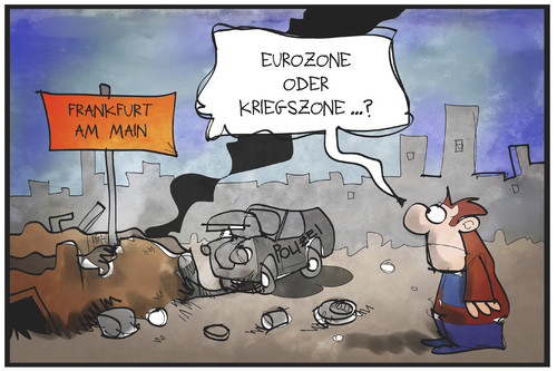 Cartoon: Euro-Kriegszone (medium) by Kostas Koufogiorgos tagged karikatur,koufogiorgos,illustration,cartoon,eurozone,kriegszone,frankfurt,blockupy,vandalismus,protest,ezb,karikatur,koufogiorgos,illustration,cartoon,eurozone,kriegszone,frankfurt,blockupy,vandalismus,protest,ezb