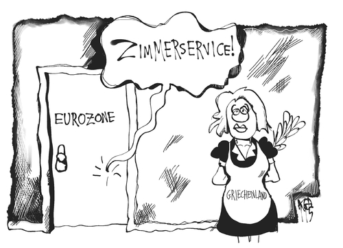 Cartoon: Euro-Krise (medium) by Kostas Koufogiorgos tagged griechenland,eurozone,euro,krise,iwf,hotel,strauss kahn,schulden,kredit,defizit,sparauflagen,strauss,kahn