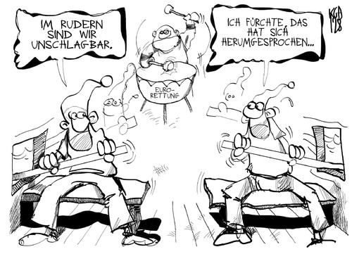 Cartoon: Euro-Rettung (medium) by Kostas Koufogiorgos tagged deutschland,achter,gold,olympische,spiele,ruderboot,euro,rettung,schulden,krise,karikatur,kostas,koufogiorgos