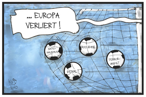 Cartoon: Europa verliert (medium) by Kostas Koufogiorgos tagged karikatur,koufogiorgos,illustration,cartoon,europa,tor,spiel,fussball,verlieren,nationalismus,terrorangst,terrrorismus,hooligans,gewalt,probleme,em,europameisterschaft,karikatur,koufogiorgos,illustration,cartoon,europa,tor,spiel,fussball,verlieren,nationalismus,terrorangst,terrrorismus,hooligans,gewalt,probleme,em,europameisterschaft