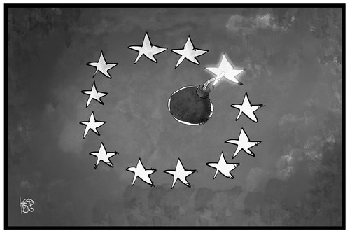 Cartoon: Europa vor dem Knall (medium) by Kostas Koufogiorgos tagged karikatur,koufogiorgos,illustration,cartoon,griechenland,europa,sterne,flagge,bombe,explosiv,kinall,lunte,stern,feuer,poitik,zusammenhalt,union,karikatur,koufogiorgos,illustration,cartoon,griechenland,europa,sterne,flagge,bombe,explosiv,kinall,lunte,stern,feuer,poitik,zusammenhalt,union