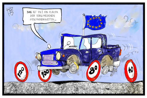 Cartoon: Europas Tempo (medium) by Kostas Koufogiorgos tagged karikatur,koufogiorgos,illustration,cartoon,europa,eu,tempo,geschwindigkeit,räder,auto,vehikel,gemeinschaft,unterschied,politik,karikatur,koufogiorgos,illustration,cartoon,europa,eu,tempo,geschwindigkeit,räder,auto,vehikel,gemeinschaft,unterschied,politik