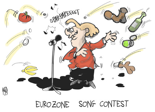 Cartoon: Eurozone Song Contest (medium) by Kostas Koufogiorgos tagged eurozone,song,contest,esc,merkel,politik,baku,aserbaidschan,schulden,krise,euro,europa,wirtschaft,karikatur,kostas,koufogiorgos,eurovision song contest,baku,schulden,krise,merkel,eurovision,song,contest
