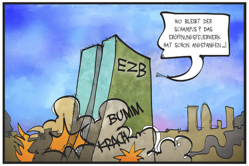 Cartoon: EZB-Neubau (medium) by Kostas Koufogiorgos tagged karikatur,koufogiorgos,illustration,cartoon,ezb,neubau,eröffnung,frankfurt,zentralbank,europa,einweihung,feuerwerk,champagner,feier,protest,demonstration,hochhaus,politik,bank,wirtschaft,blockupy,karikatur,koufogiorgos,illustration,cartoon,ezb,neubau,eröffnung,frankfurt,zentralbank,europa,einweihung,feuerwerk,champagner,feier,protest,demonstration,hochhaus,politik,bank,wirtschaft,blockupy