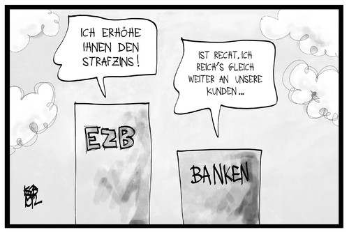 Cartoon: EZB-Strafzins (medium) by Kostas Koufogiorgos tagged karikatur,koufogiorgos,illustration,cartoon,ezb,bank,zentralbank,strafzins,geld,kredit,gebühr,kunde,wirtschaft,geldverkehr,geldverleih,karikatur,koufogiorgos,illustration,cartoon,ezb,bank,zentralbank,strafzins,geld,kredit,gebühr,kunde,wirtschaft,geldverkehr,geldverleih