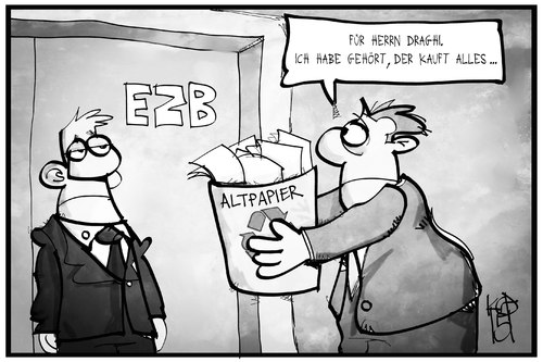 Cartoon: EZB (medium) by Kostas Koufogiorgos tagged karikatur,koufogiorgos,illustration,cartoon,altpapier,müll,ezb,europa,eu,zentralbank,draghi,kaufen,staatsanleihen,wirtschaft,papier,karikatur,koufogiorgos,illustration,cartoon,altpapier,müll,ezb,europa,eu,zentralbank,draghi,kaufen,staatsanleihen,wirtschaft,papier