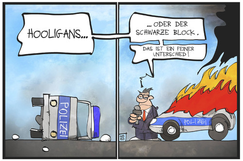 Cartoon: EZB und Blockupy (medium) by Kostas Koufogiorgos tagged karikatur,koufogiorgos,illustration,cartoon,hooligan,schwarzer,block,autonome,krawall,polizei,polizist,polizeiwagen,auto,vandalismus,unterschied,politik,demonstration,eskalation,ausschreitung,karikatur,koufogiorgos,illustration,cartoon,hooligan,schwarzer,block,autonome,krawall,polizei,polizist,polizeiwagen,auto,vandalismus,unterschied,politik,demonstration,eskalation,ausschreitung