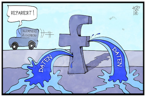 Cartoon: Facebook-Datenleck (medium) by Kostas Koufogiorgos tagged karikatur,koufogiorgos,illustration,cartoon,facebook,daten,datenskandal,reparatur,zuckerberg,internet,soziale,medien,karikatur,koufogiorgos,illustration,cartoon,facebook,daten,datenskandal,reparatur,zuckerberg,internet,soziale,medien