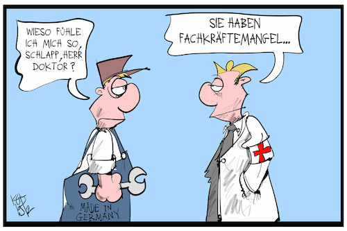 Cartoon: Fachkräftemangel (medium) by Kostas Koufogiorgos tagged karikatur,koufogiorgos,illustration,cartoon,fachkraeftemangel,arzt,patient,gipfel,zuwanderung,arbeit,karikatur,koufogiorgos,illustration,cartoon,fachkraeftemangel,arzt,patient,gipfel,zuwanderung,arbeit