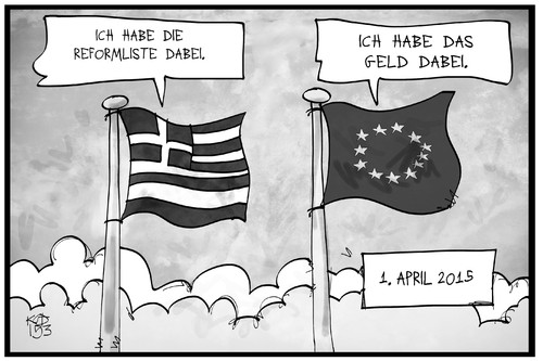 Cartoon: Fahnen am 1. April (medium) by Kostas Koufogiorgos tagged karikatur,koufogiorgos,illustration,cartoon,fahne,flagge,griechenland,eu,europa,geld,reformliste,scherz,witz,aprilscherz,politik,versprechen,lüge,karikatur,koufogiorgos,illustration,cartoon,fahne,flagge,griechenland,eu,europa,geld,reformliste,scherz,witz,aprilscherz,politik,versprechen,lüge