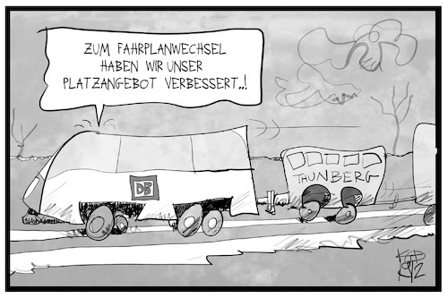 Cartoon: Fahrplanwechsel Bahn (medium) by Kostas Koufogiorgos tagged karikatur,koufogiorgos,illustration,cartoon,bahn,fahrplanwechsel,platz,reservierung,verbesserung,thunberg,sitzplatz,waggon,wirtschaft,mobilität,karikatur,koufogiorgos,illustration,cartoon,bahn,fahrplanwechsel,platz,reservierung,verbesserung,thunberg,sitzplatz,waggon,wirtschaft,mobilität