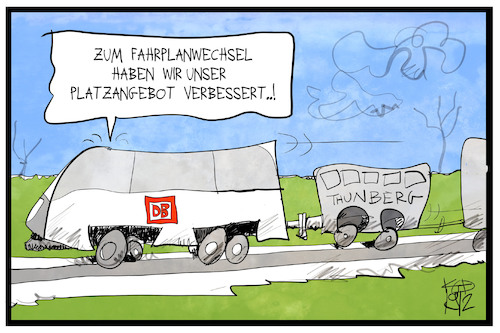 Cartoon: Fahrplanwechsel Bahn (medium) by Kostas Koufogiorgos tagged karikatur,koufogiorgos,illustration,cartoon,bahn,fahrplanwechsel,platz,reservierung,verbesserung,thunberg,sitzplatz,waggon,wirtschaft,mobilität,karikatur,koufogiorgos,illustration,cartoon,bahn,fahrplanwechsel,platz,reservierung,verbesserung,thunberg,sitzplatz,waggon,wirtschaft,mobilität