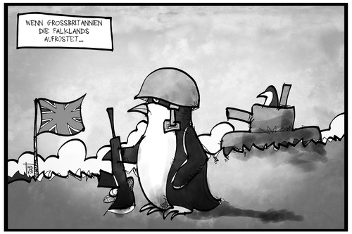 Cartoon: Falkland-Inseln (medium) by Kostas Koufogiorgos tagged karikatur,koufogiorgos,illustration,cartoon,falkland,insel,pinguin,aufrüstung,grossbritannien,uk,königreich,union,jack,panzer,helm,gewehr,militär,politik,karikatur,koufogiorgos,illustration,cartoon,falkland,insel,pinguin,aufrüstung,grossbritannien,uk,königreich,union,jack,panzer,helm,gewehr,militär,politik