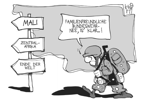 Cartoon: Familienfreundliche Bundeswehr (medium) by Kostas Koufogiorgos tagged illustration,karikatur,cartoon,koufogiorgos,bundeswehr,militär,familienfreundlichkeit,mali,zentralafrika,krieg,illustration,karikatur,cartoon,koufogiorgos,bundeswehr,militär,familienfreundlichkeit,mali,zentralafrika,krieg