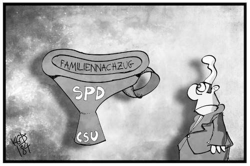 Cartoon: Familiennachzug (medium) by Kostas Koufogiorgos tagged karikatur,koufogiorgos,illustration,cartoon,familiennachzug,spd,csu,trichter,flüchtlingspolitik,streit,differenzen,groko,koalition,regierung,karikatur,koufogiorgos,illustration,cartoon,familiennachzug,spd,csu,trichter,flüchtlingspolitik,streit,differenzen,groko,koalition,regierung