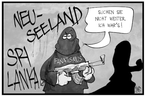 Cartoon: Fanatismus (medium) by Kostas Koufogiorgos tagged karikatur,koufogiorgos,illustration,cartoon,fanatismus,anschlag,terrorismus,neuseeland,christchurch,sri,lanka,terrorist,täter,karikatur,koufogiorgos,illustration,cartoon,fanatismus,anschlag,terrorismus,neuseeland,christchurch,sri,lanka,terrorist,täter