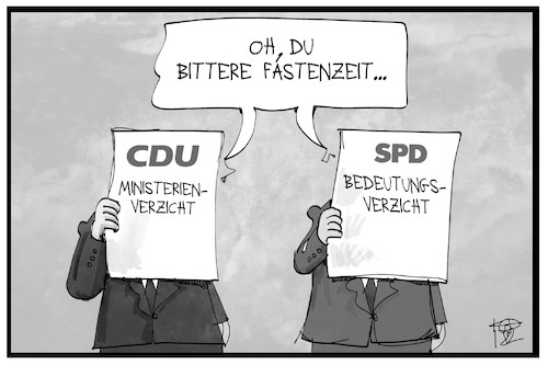 Cartoon: Fastenzeit für die Politik (medium) by Kostas Koufogiorgos tagged karikatur,koufogiorgos,illustration,cartoon,politik,cdu,spd,fasten,verzicht,fastenzeit,ministerium,bedeutung,einfluss,demokratie,partei,karikatur,koufogiorgos,illustration,cartoon,politik,cdu,spd,fasten,verzicht,fastenzeit,ministerium,bedeutung,einfluss,demokratie,partei