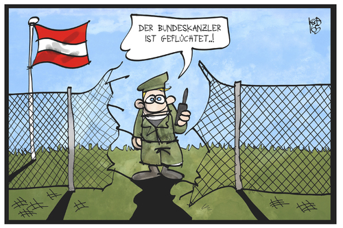 Cartoon: Faymann-Rücktritt (medium) by Kostas Koufogiorgos tagged karikatur,koufogiorgos,illustration,cartoon,faymann,spö,sozialdemokraten,bundeskanzler,rücktritt,flucht,grenze,zaun,bundesheer,armee,wache,karikatur,koufogiorgos,illustration,cartoon,faymann,spö,sozialdemokraten,bundeskanzler,rücktritt,flucht,grenze,zaun,bundesheer,armee,wache