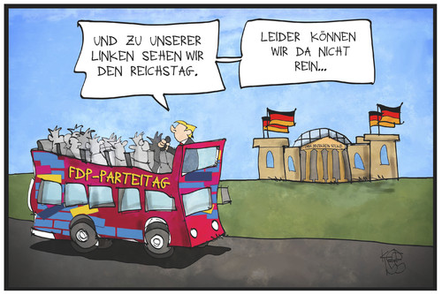 Cartoon: FDP-Parteitag (medium) by Kostas Koufogiorgos tagged karikatur,koufogiorgos,illustration,cartoon,fdp,parteitag,reichstag,berlin,parlament,bundestag,sightseeing,tourist,partei,liberale,politik,karikatur,koufogiorgos,illustration,cartoon,fdp,parteitag,reichstag,berlin,parlament,bundestag,sightseeing,tourist,partei,liberale,politik