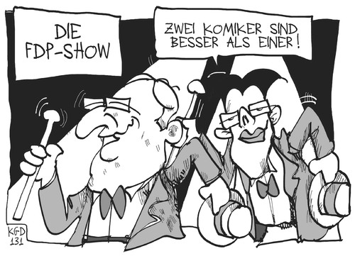 Cartoon: FDP-Show (medium) by Kostas Koufogiorgos tagged koufogiorgos,kostas,karikatur,politiker,komiker,spitzenkandidat,chef,partei,bundestag,wahl,show,fdp,brüderle,rösler,rösler,brüderle,fdp,show,wahl,bundestag,partei,chef,spitzenkandidat,komiker,politiker,karikatur,kostas,koufogiorgos