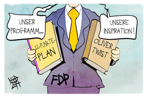 Cartoon: FDP (medium) by Kostas Koufogiorgos tagged karikatur,koufogiorgos,fdp,wirtschaftswende,plan,twist,dickens,roman,sozial,karikatur,koufogiorgos,fdp,wirtschaftswende,plan,twist,dickens,roman,sozial